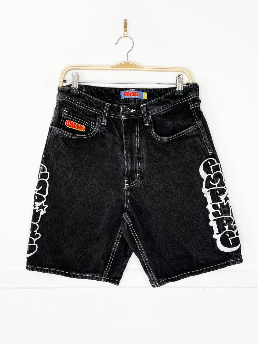 y2k empyre embroidered spell out denim skate short - good market thrift store