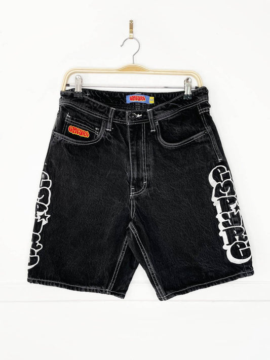 y2k empyre embroidered spell out denim skate short - good market thrift store