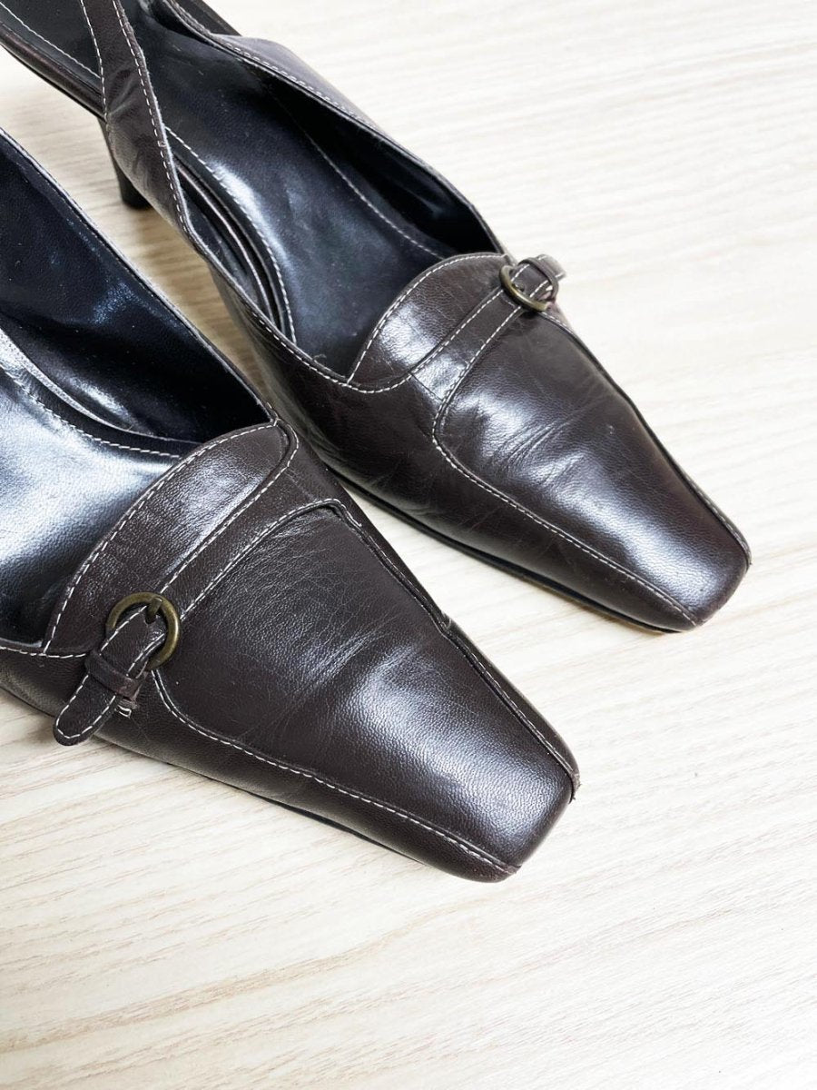 y2k espanola leather buckle square toe slingback heels - good market thrift store