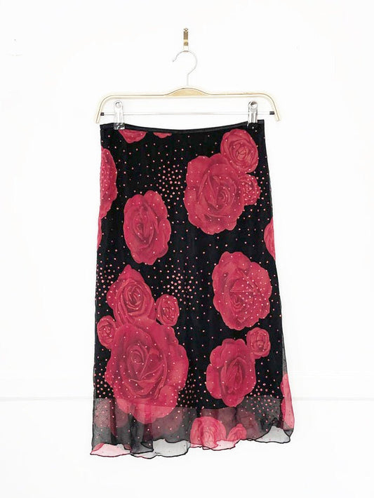 y2k exact change chiffon rose jewelled midi skirt - good market thrift store
