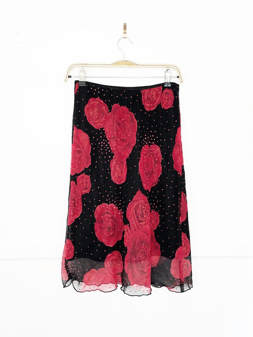 y2k exact change chiffon rose jewelled midi skirt - good market thrift store