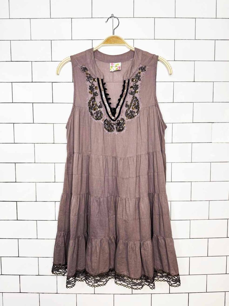 y2k free people babydoll tiered boho beaded mini dress - good market thrift store
