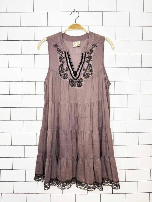 y2k free people babydoll tiered boho beaded mini dress - good market thrift store