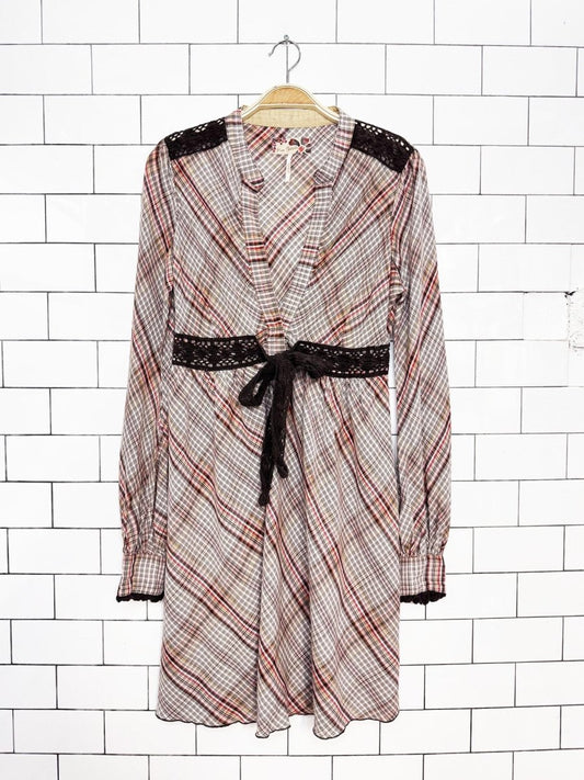 y2k free people crochet trim plaid belted mini dress - good market thrift store