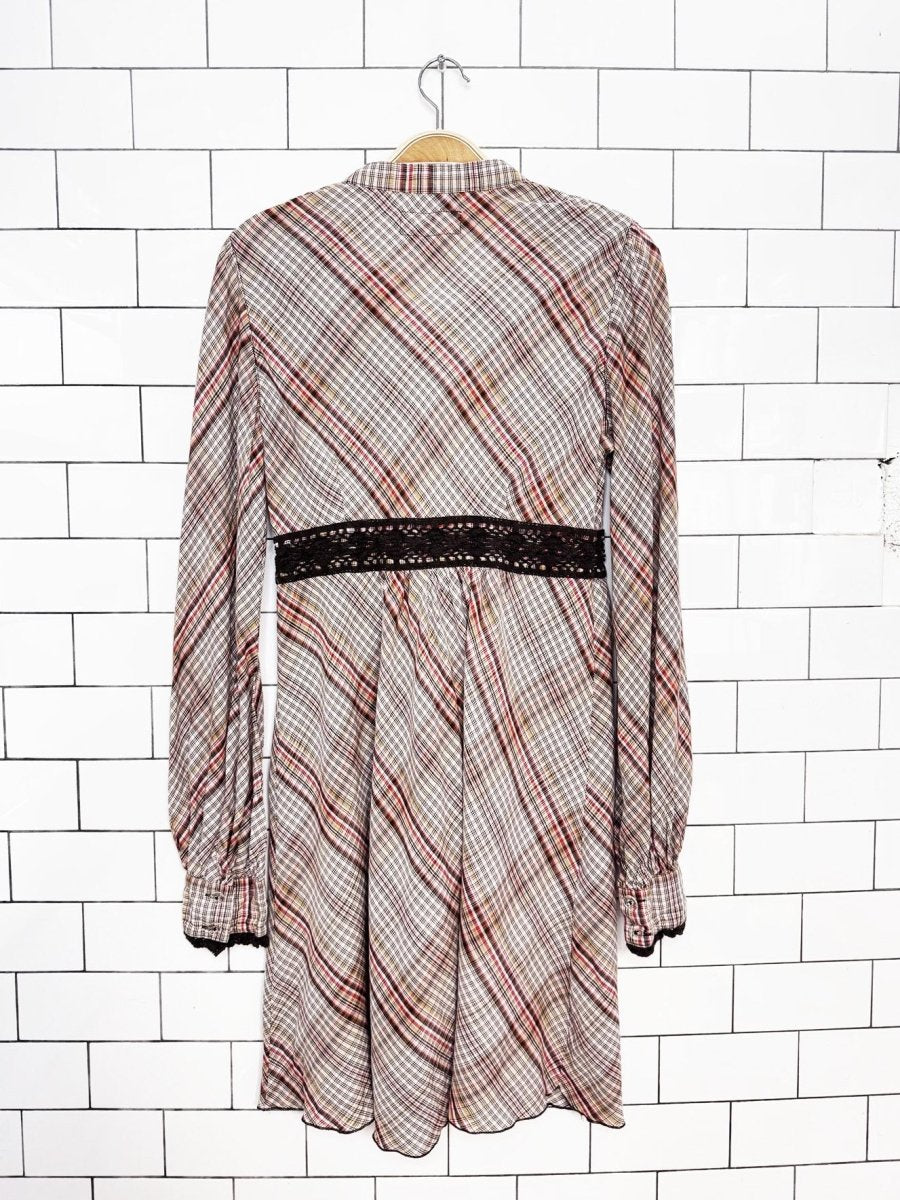 y2k free people crochet trim plaid belted mini dress - good market thrift store