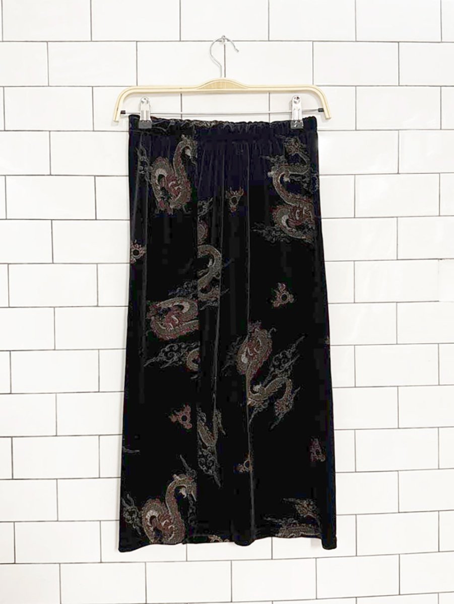 y2k glitter dragon stretch velvet midi skirt - good market thrift store