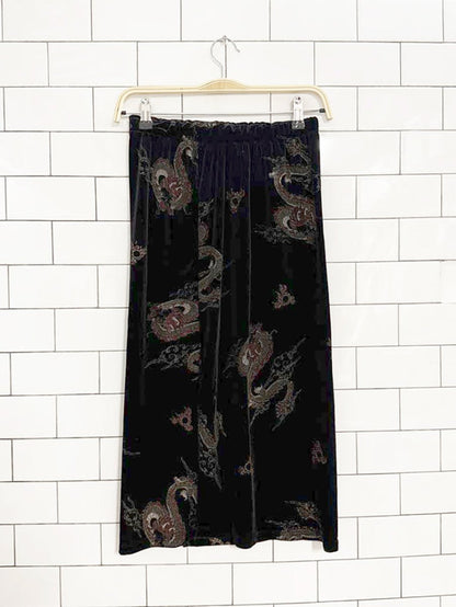 y2k glitter dragon stretch velvet midi skirt - good market thrift store