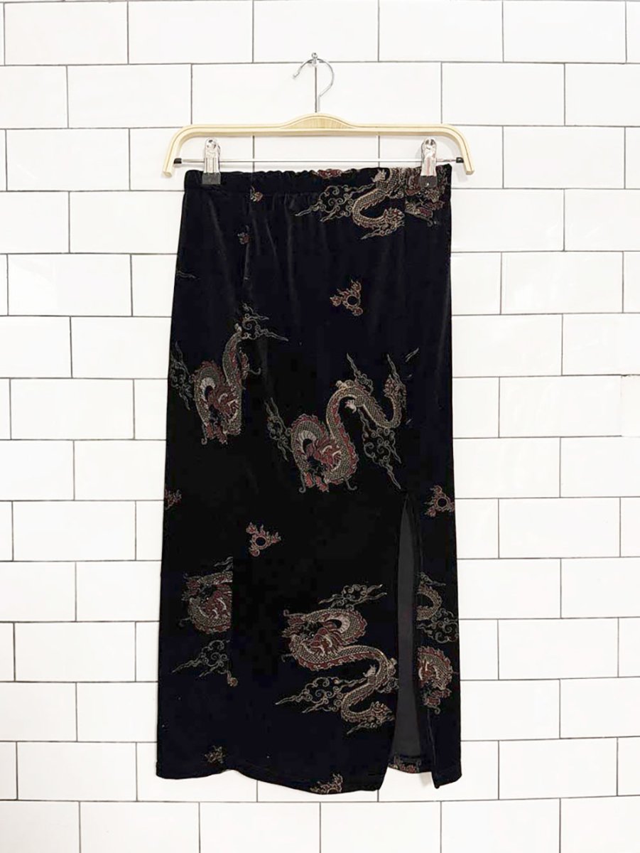 y2k glitter dragon stretch velvet midi skirt - good market thrift store
