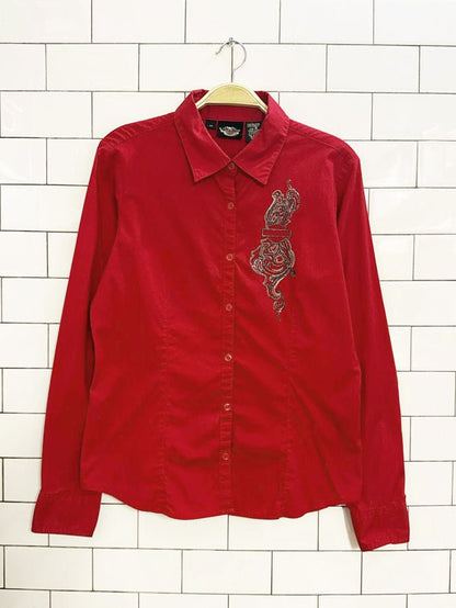 y2k harley davidson embroidered rhinestone shirt - good market thrift store