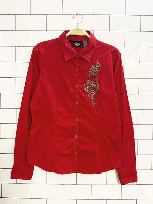 y2k harley davidson embroidered rhinestone shirt - good market thrift store