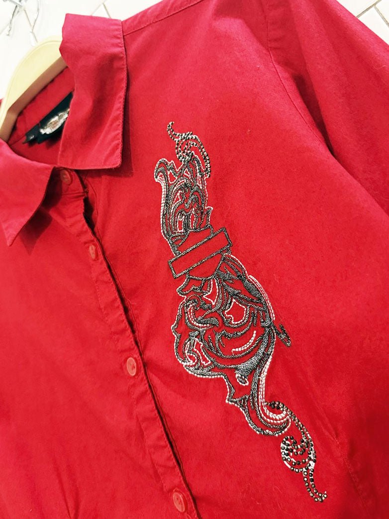 y2k harley davidson embroidered rhinestone shirt - good market thrift store