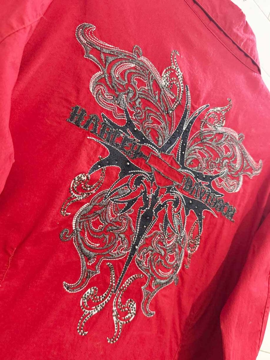 y2k harley davidson embroidered rhinestone shirt - good market thrift store