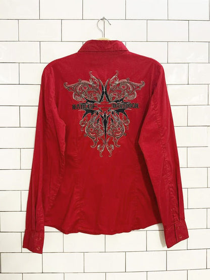 y2k harley davidson embroidered rhinestone shirt - good market thrift store