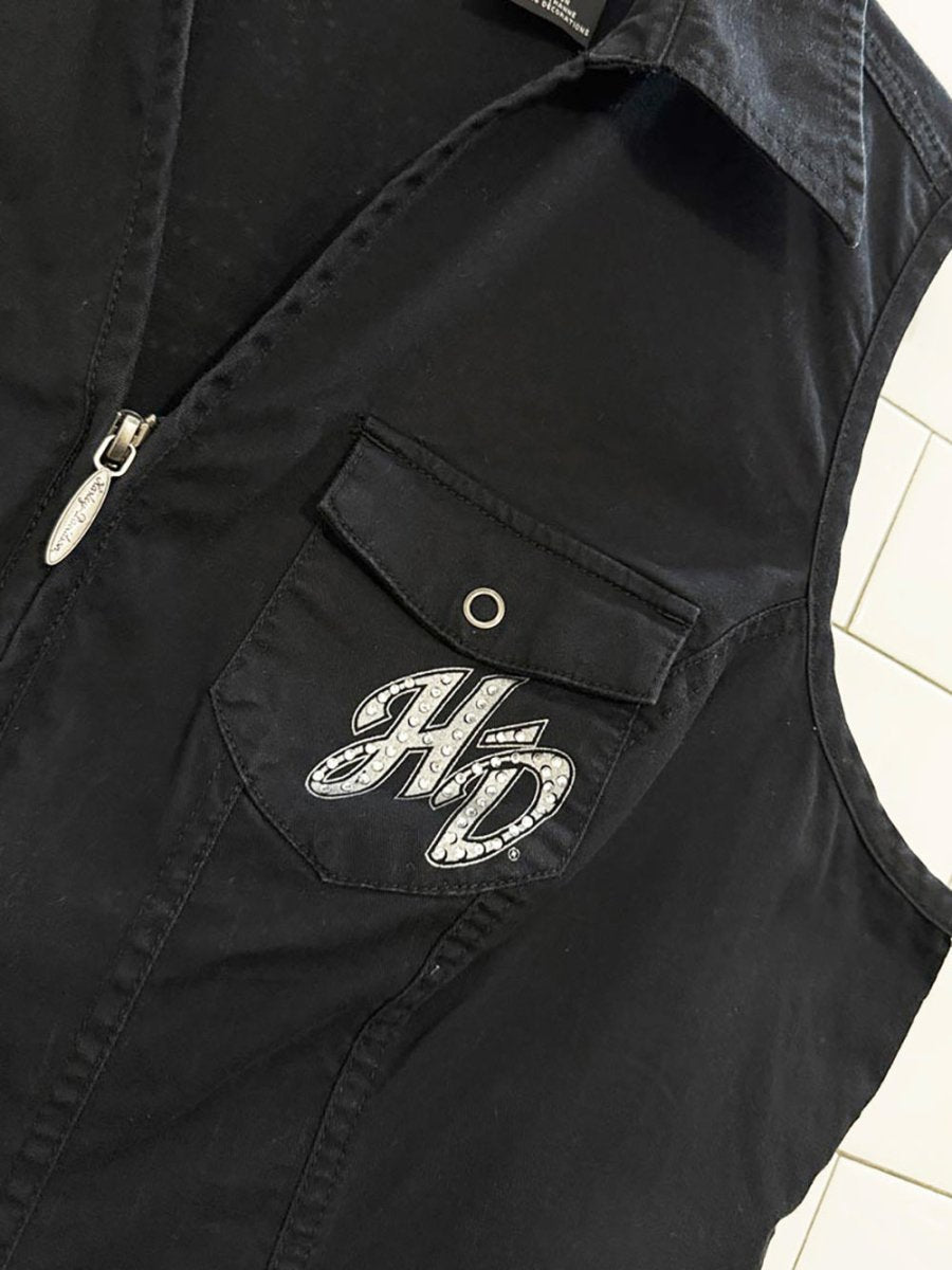 y2k harley davidson rhinestone lace detail full zip vest top - good market thrift store