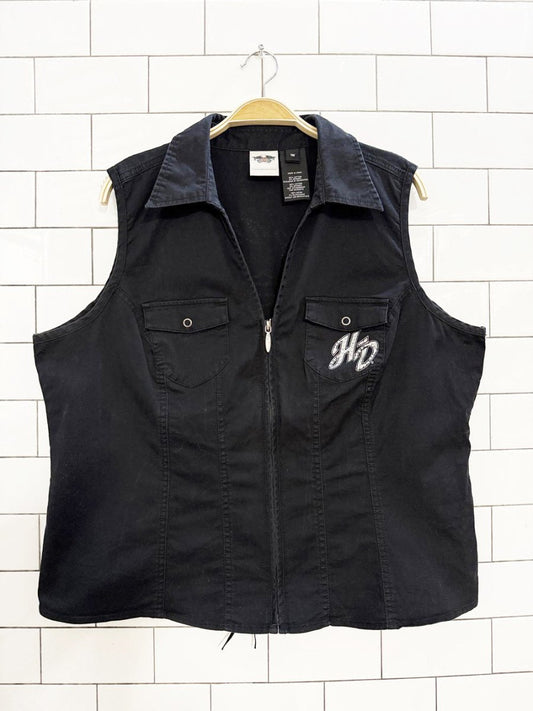 y2k harley davidson rhinestone lace detail full zip vest top - good market thrift store