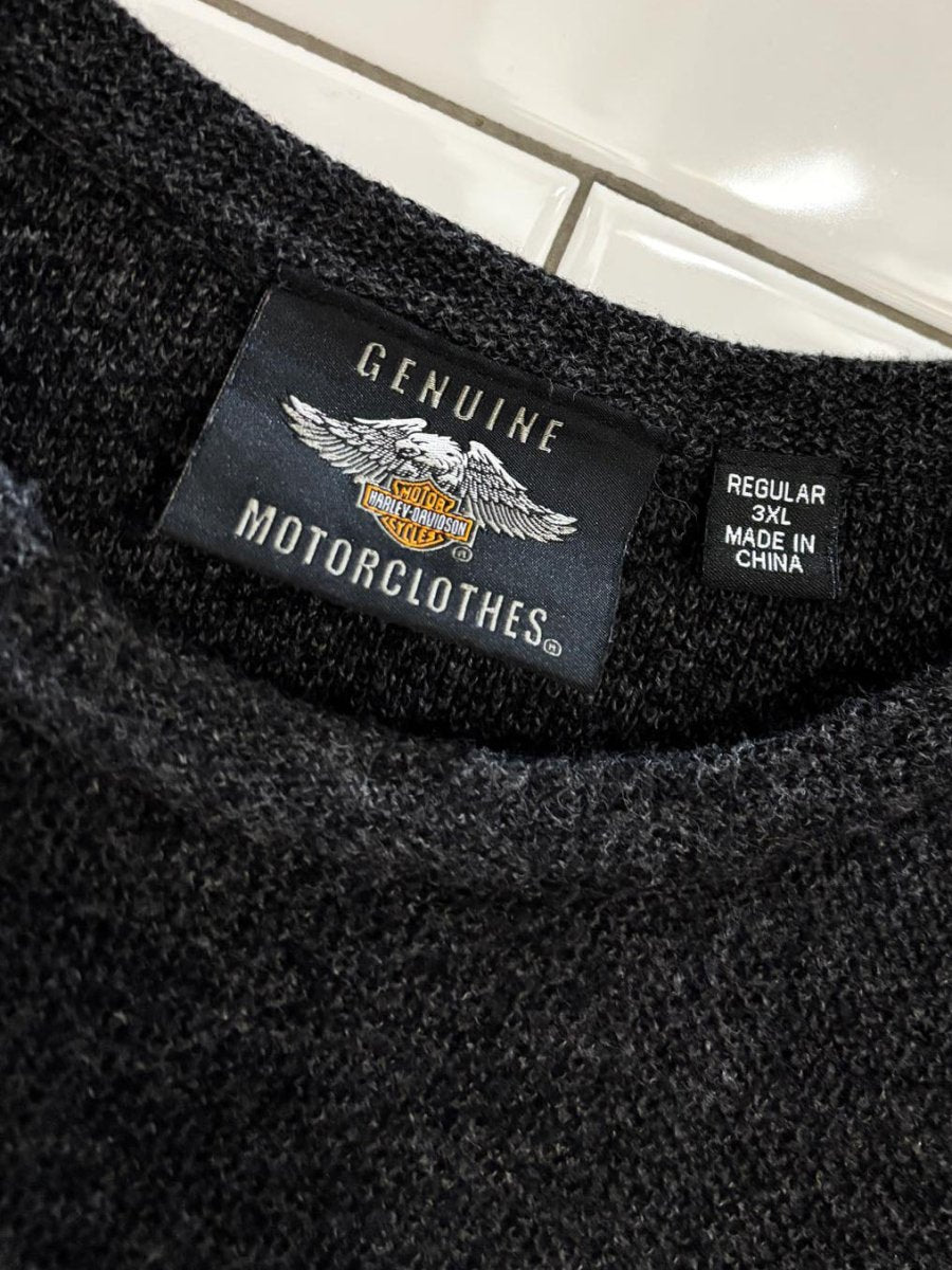 y2k harley davidson spellout logo knit long - sleeve shirt - good market thrift store