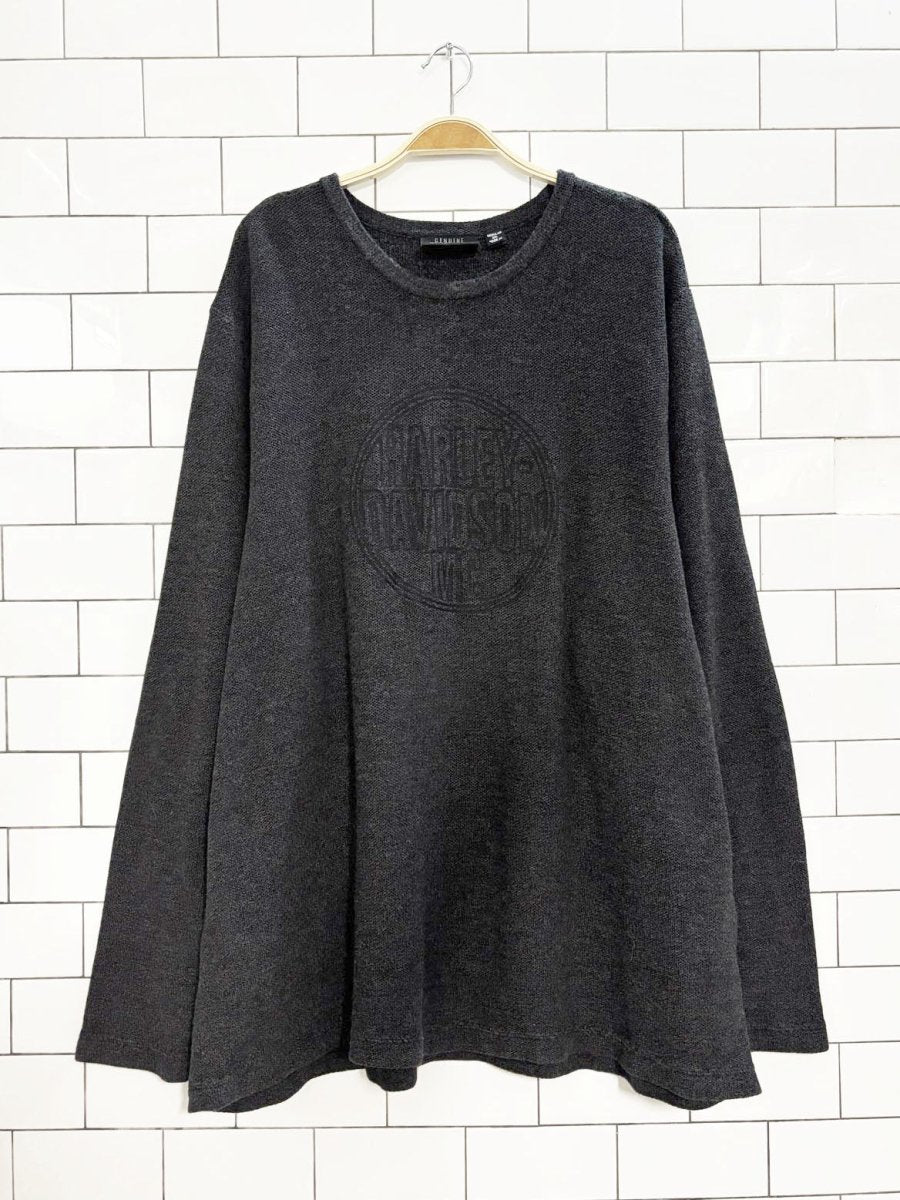 y2k harley davidson spellout logo knit long - sleeve shirt - good market thrift store