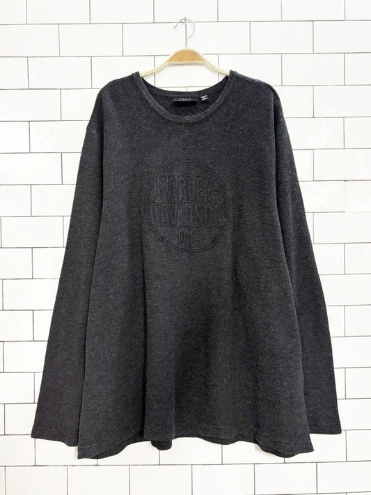 y2k harley davidson spellout logo knit long - sleeve shirt - good market thrift store