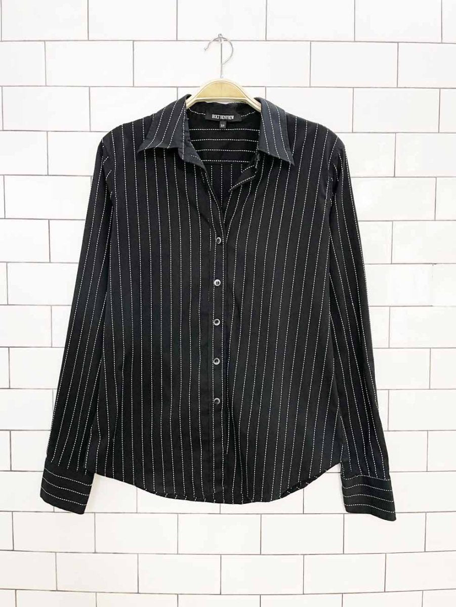 y2k holt renfrew stitched pinstripe v-neck full button shirt - good market thrift store