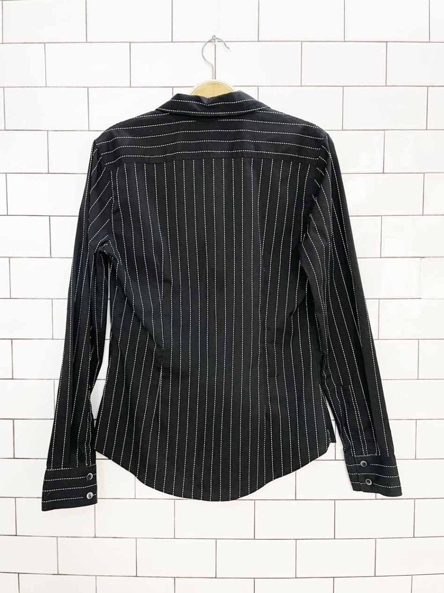 y2k holt renfrew stitched pinstripe v-neck full button shirt - good market thrift store