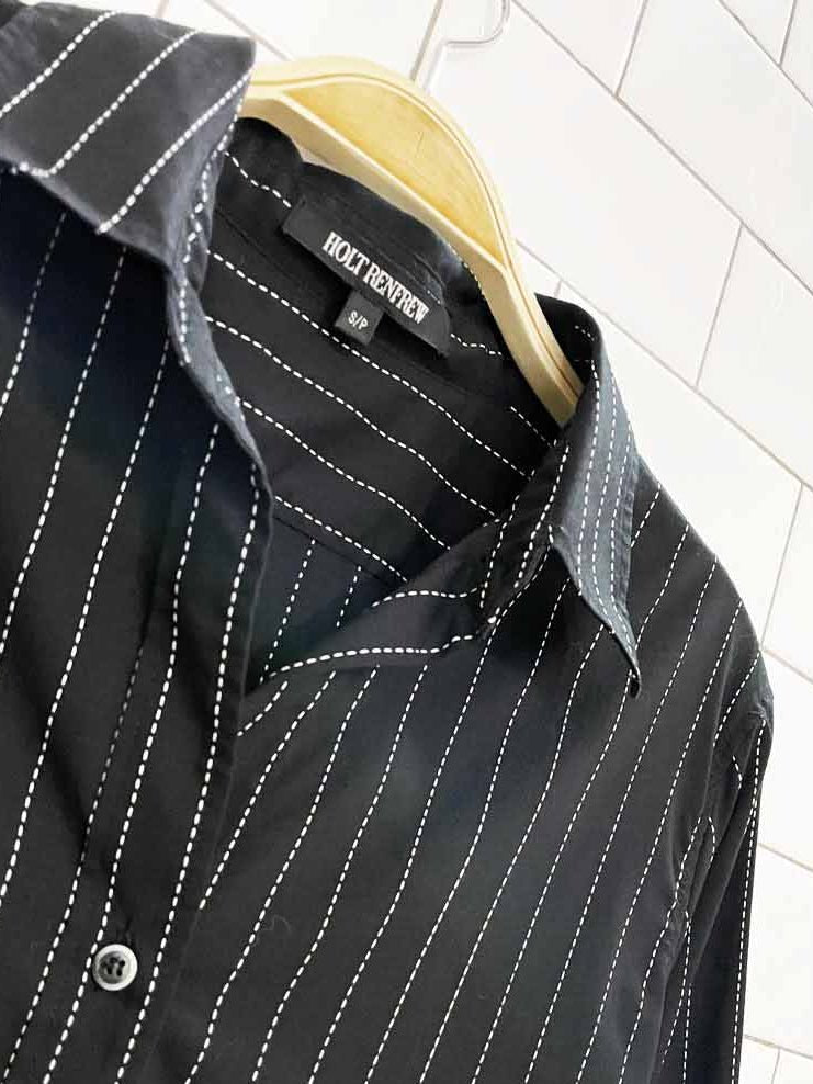 y2k holt renfrew stitched pinstripe v-neck full button shirt - good market thrift store