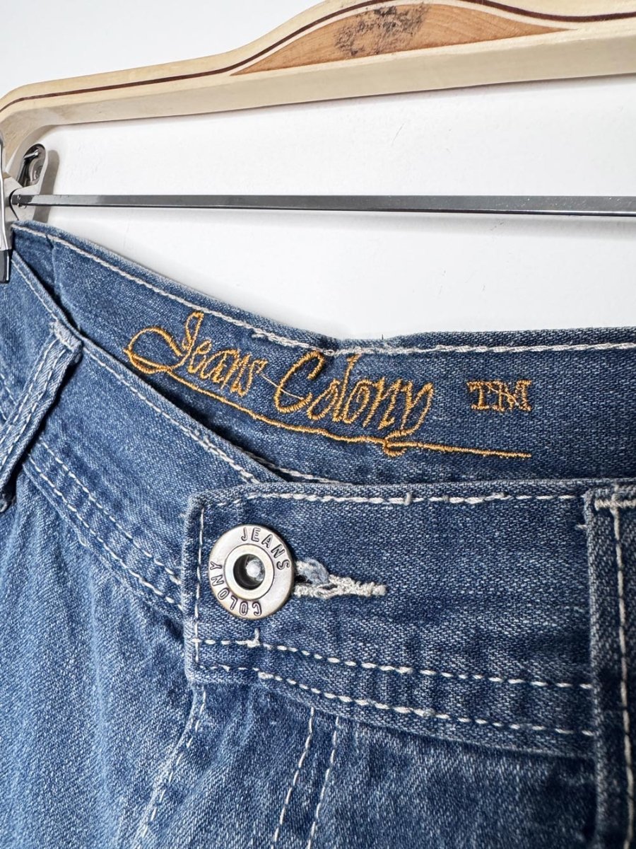 y2k jeans colony streetwear flame pocket long denim jorts - good market thrift store