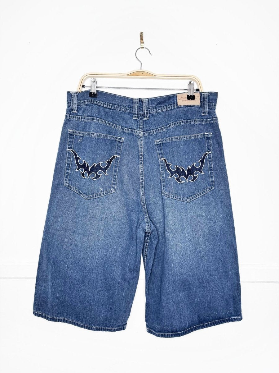 y2k jeans colony streetwear flame pocket long denim jorts - good market thrift store