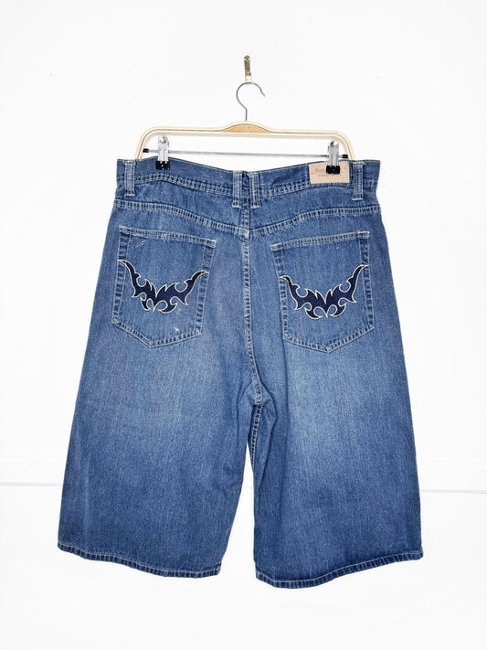 y2k jeans colony streetwear flame pocket long denim jorts - good market thrift store