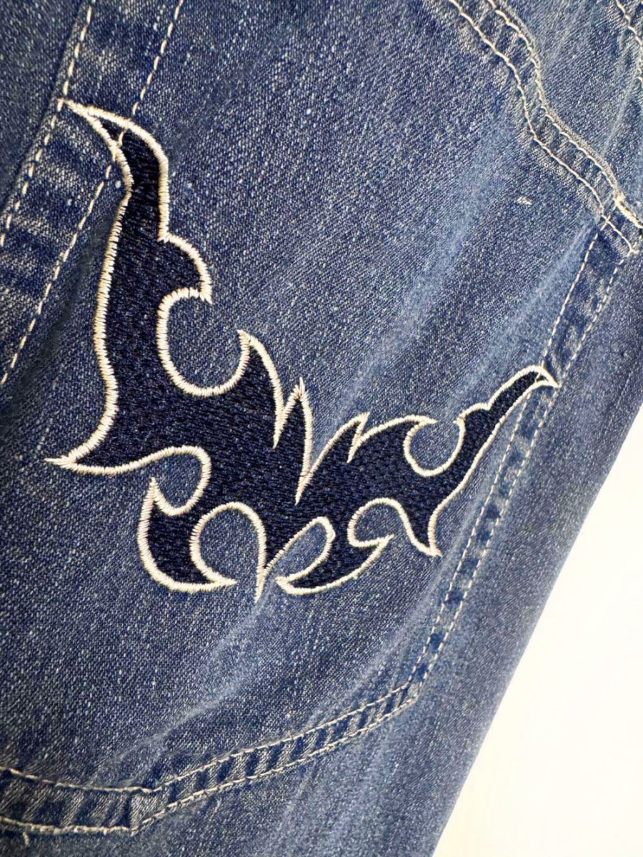 y2k jeans colony streetwear flame pocket long denim jorts - good market thrift store