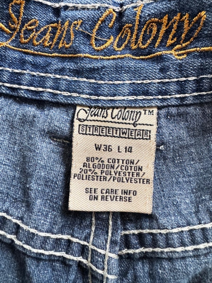 y2k jeans colony streetwear flame pocket long denim jorts - good market thrift store