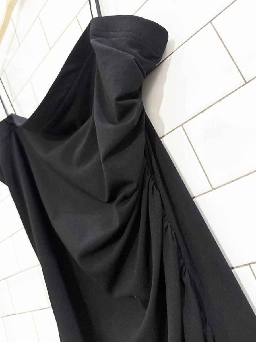 y2k jessica strapless ruched midi wrap dress - good market thrift store