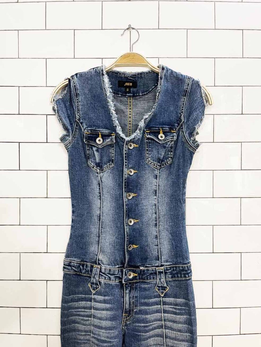 y2k jnco jeans stretchy fitted distressed denim flared jumpsuit - good market thrift store