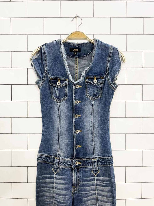 y2k jnco jeans stretchy fitted distressed denim flared jumpsuit - good market thrift store