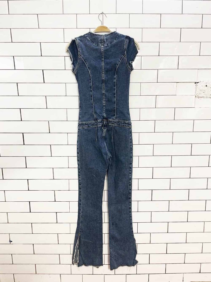 y2k jnco jeans stretchy fitted distressed denim flared jumpsuit - good market thrift store
