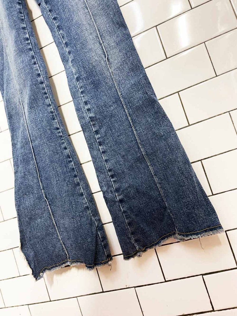 y2k jnco jeans stretchy fitted distressed denim flared jumpsuit - good market thrift store