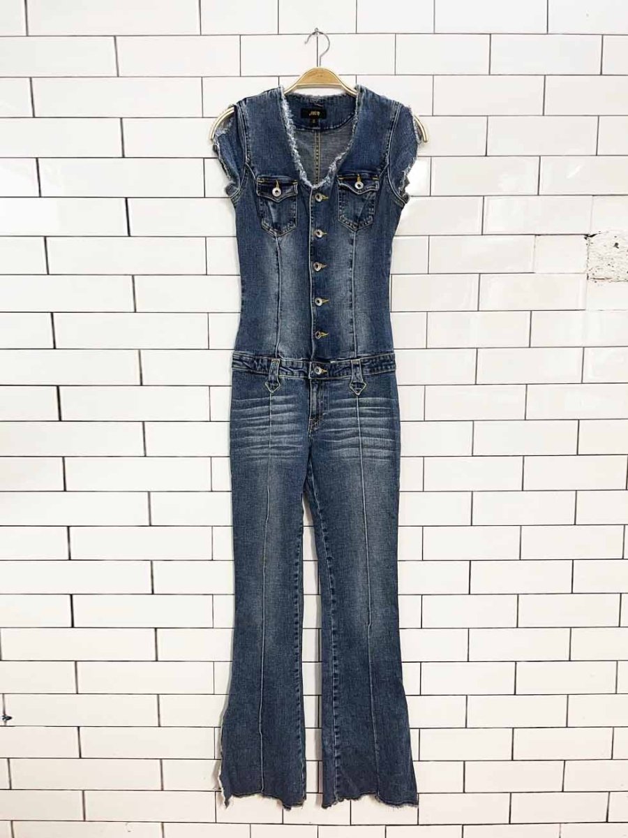 y2k jnco jeans stretchy fitted distressed denim flared jumpsuit - good market thrift store