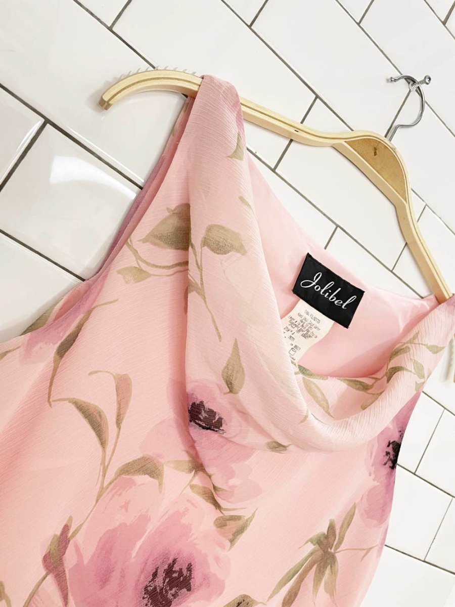 y2k jolibel cowl neck floral chiffon midi dress - good market thrift store