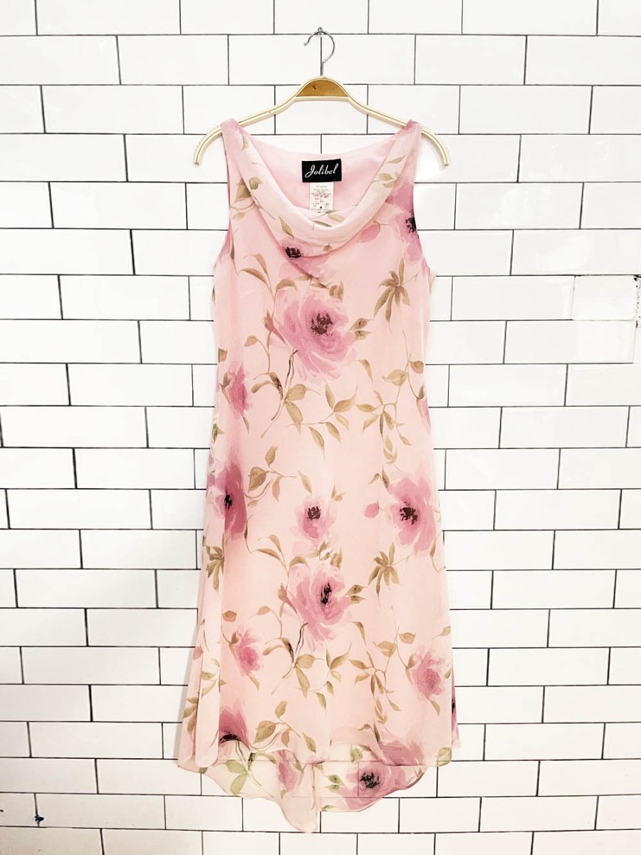 y2k jolibel cowl neck floral chiffon midi dress - good market thrift store