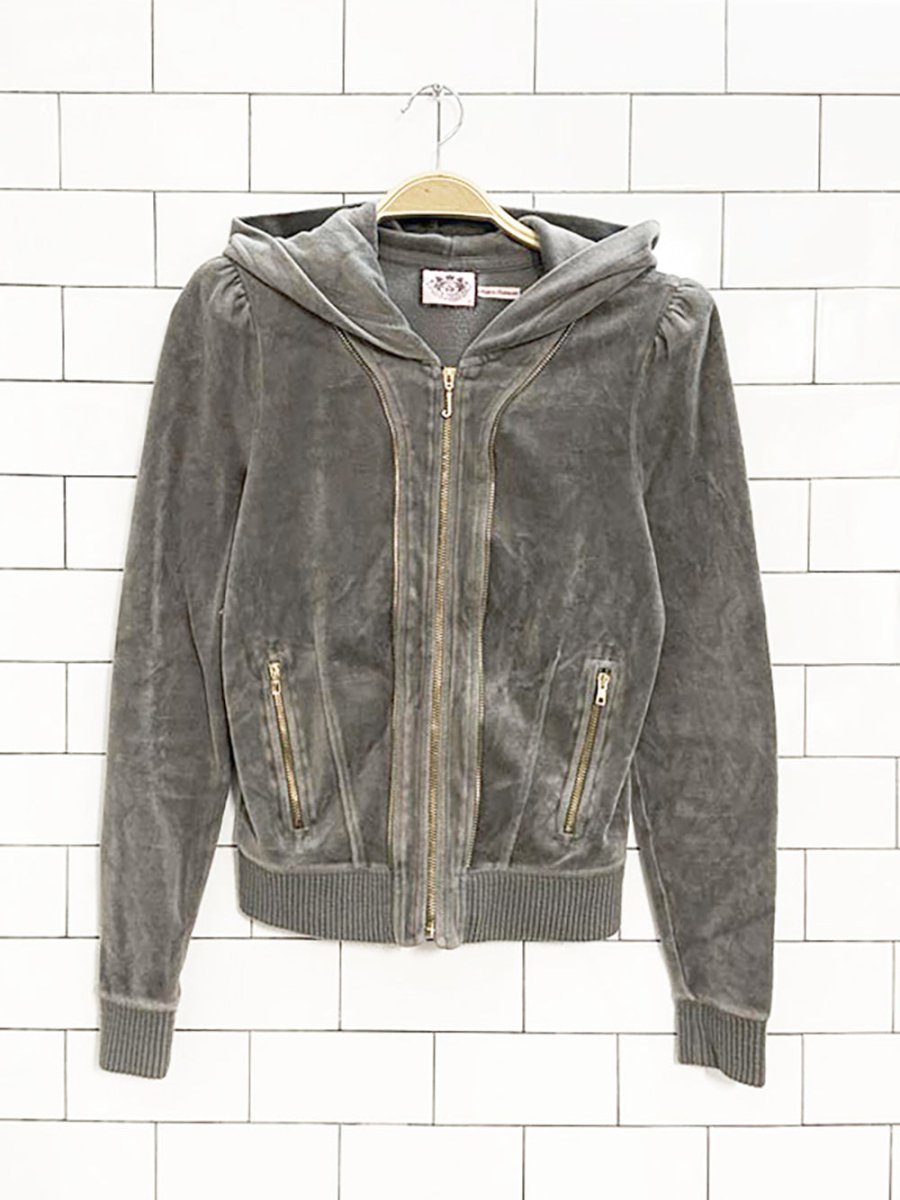 y2k juicy couture velour pleated shoulder full zip hoodie - good market thrift store