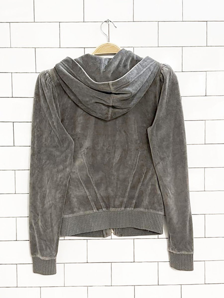 y2k juicy couture velour pleated shoulder full zip hoodie - good market thrift store