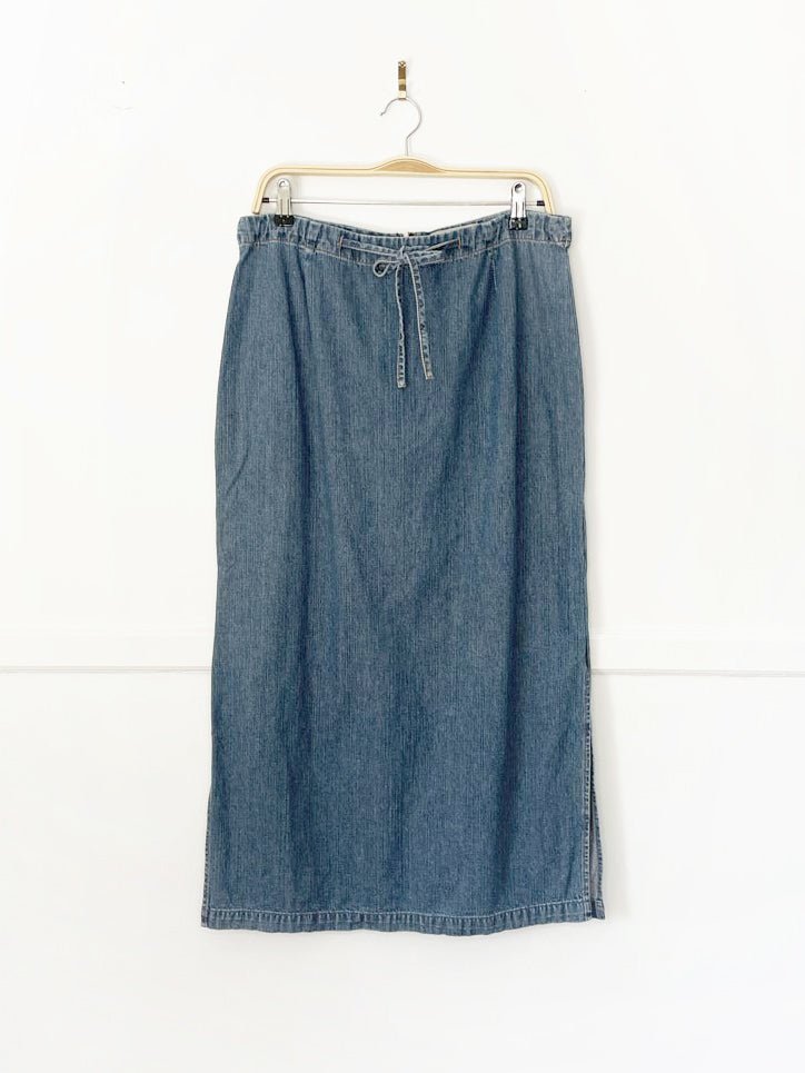 y2k london jean adjustable waist side slit maxi denim skirt - good market thrift store