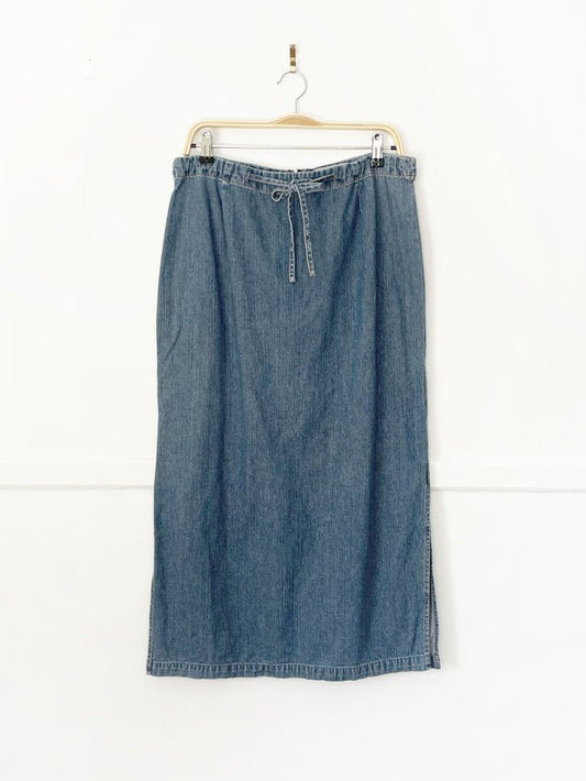 y2k london jean adjustable waist side slit maxi denim skirt - good market thrift store