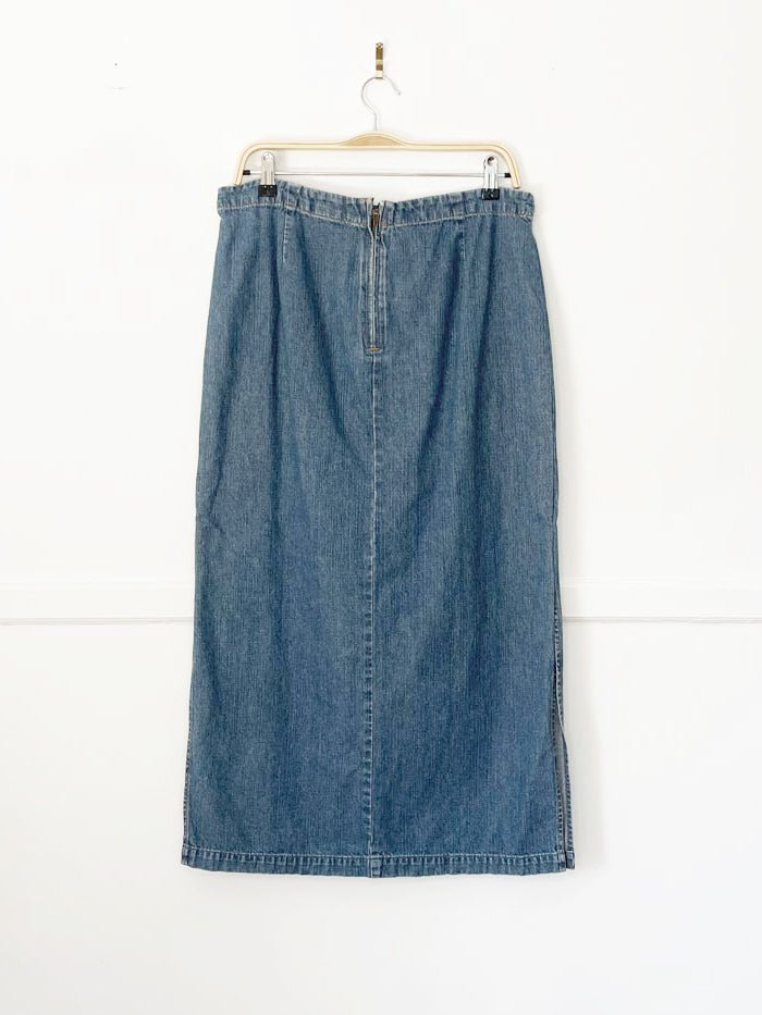 y2k london jean adjustable waist side slit maxi denim skirt - good market thrift store