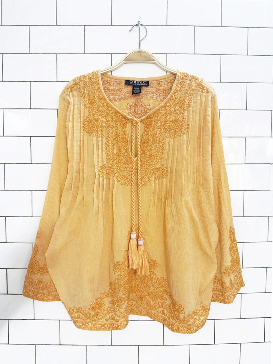 y2k lord & taylor boho tie neck flowy embroidered blouse | context - good market thrift store