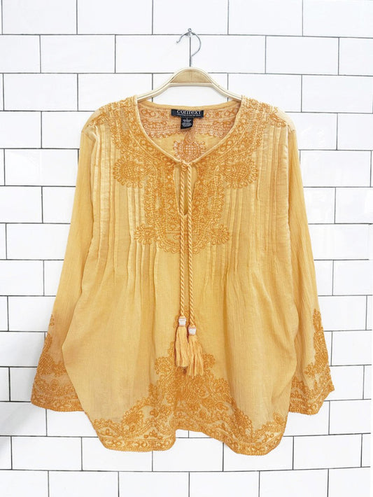 y2k lord & taylor boho tie neck flowy embroidered blouse | context - good market thrift store