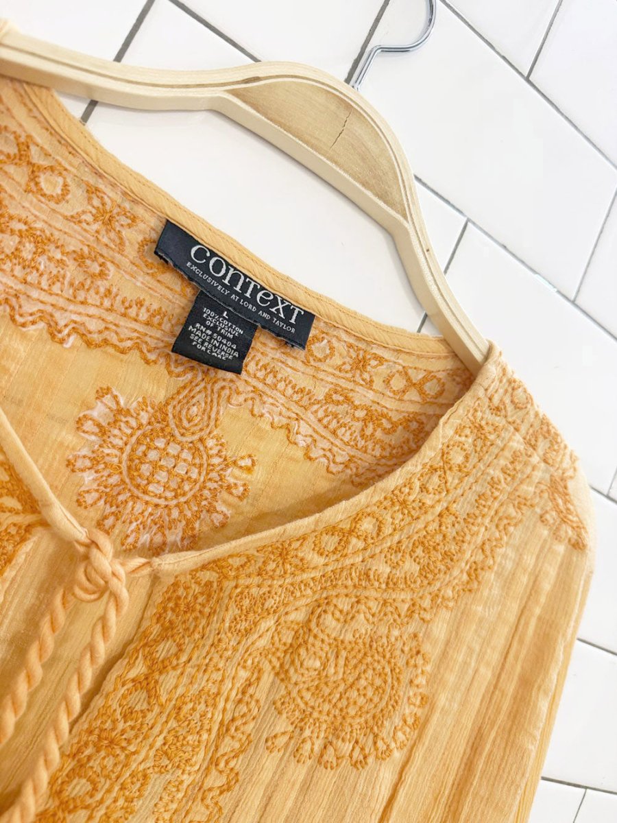 y2k lord & taylor boho tie neck flowy embroidered blouse | context - good market thrift store