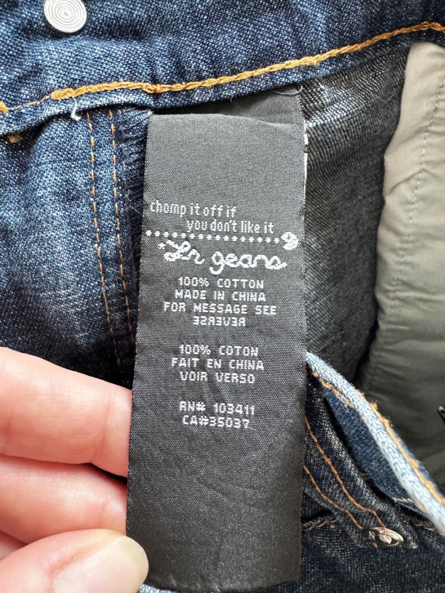 y2k lrg contrast stitch rhinestone whiskered long denim jorts - good market thrift store