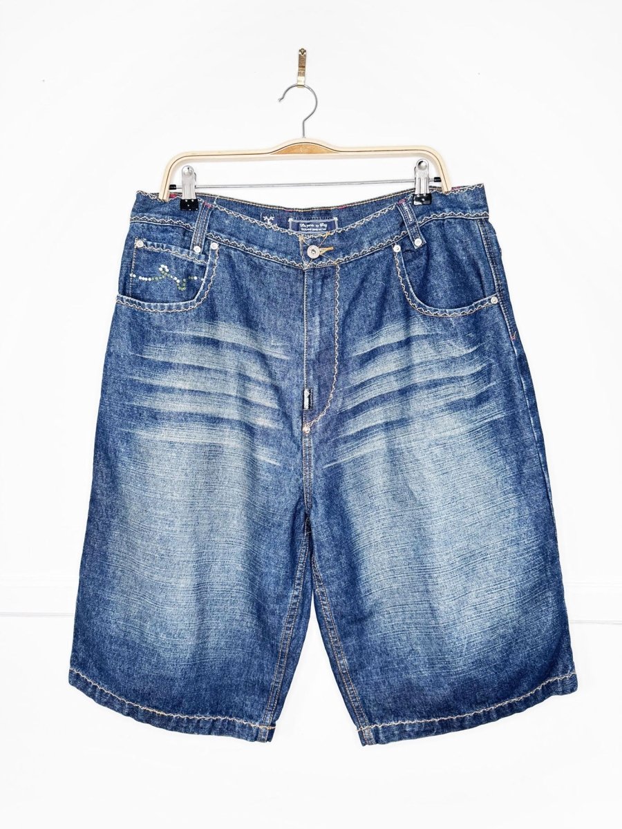 y2k lrg contrast stitch rhinestone whiskered long denim jorts - good market thrift store