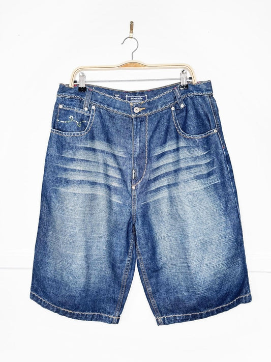 y2k lrg contrast stitch rhinestone whiskered long denim jorts - good market thrift store