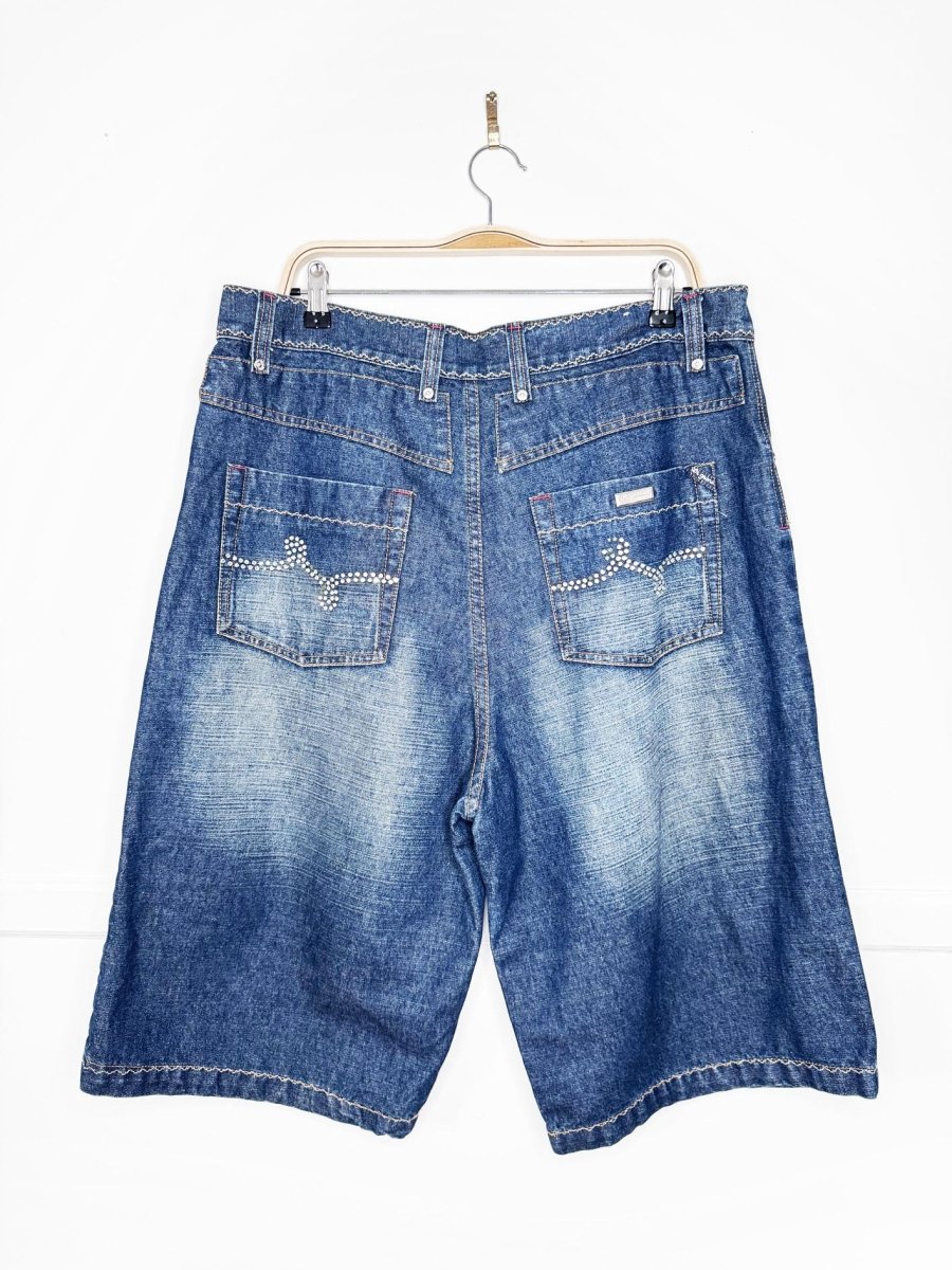 y2k lrg contrast stitch rhinestone whiskered long denim jorts - good market thrift store